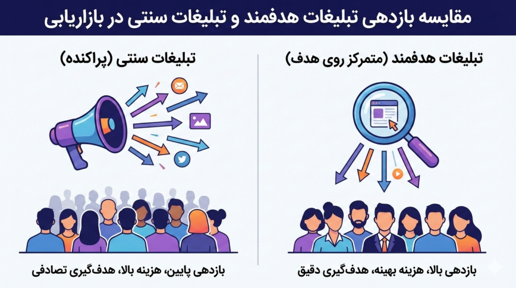 مقایسه بازدهی تبلیغات هدفمند و تبلیغات سنتی در بازاریابی.